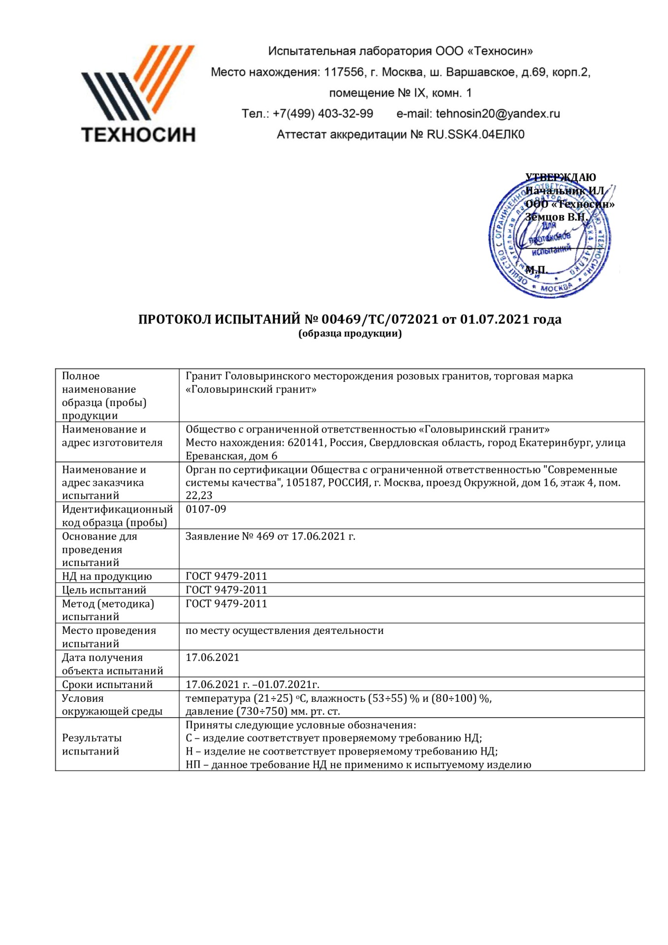 Протокол испытаний 1 стр. Головыринский гранит